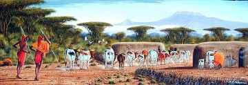 アフリカ人 Painting - ンデベニ・マサイ・モランとマニャッタの牛 アフリカからの巨大な